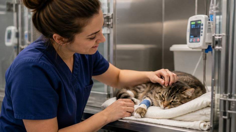Animals Hospital Video — nurse caring for a cat in recovery