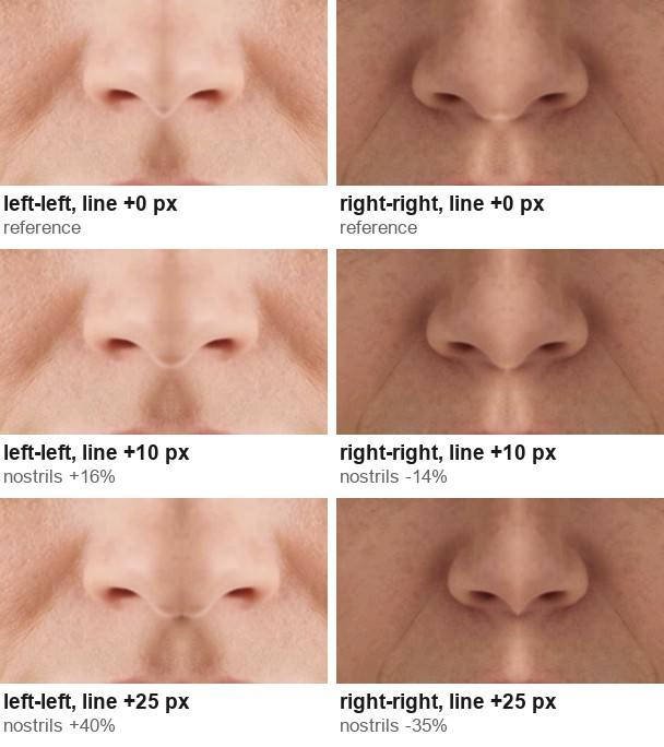 Six enlarged noses from the two mirrored versions, with the line placed correctly, 10 pixels off, and 25 pixels off.