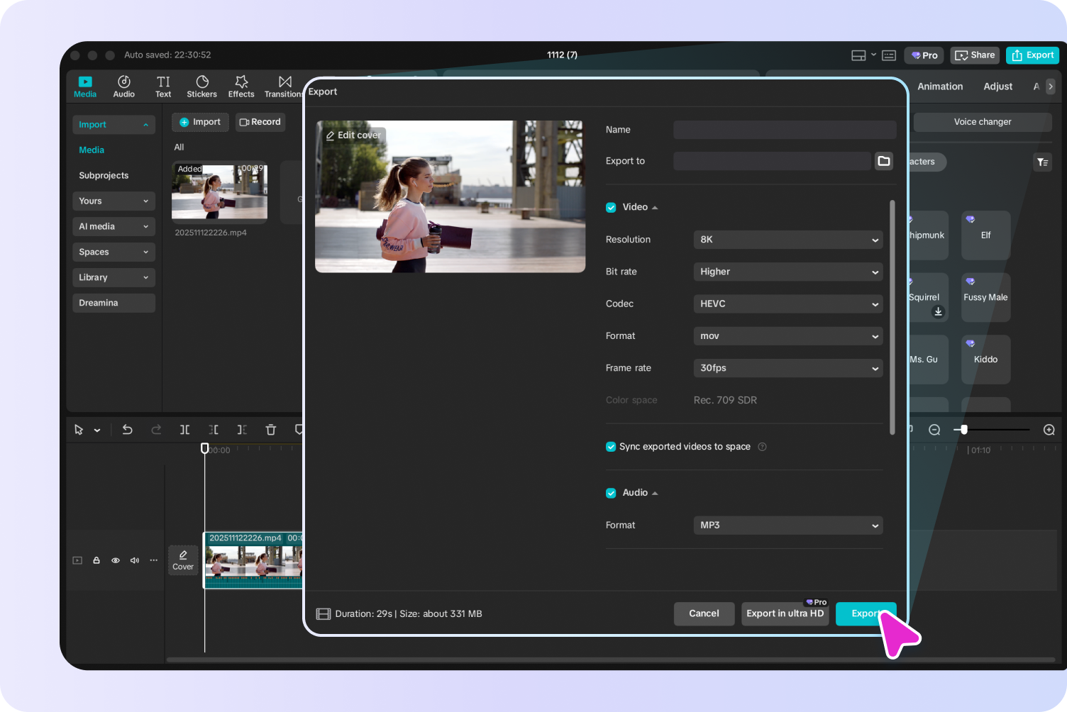 Export konečného videa hlasové postavy AI z editoru plochy CapCut.