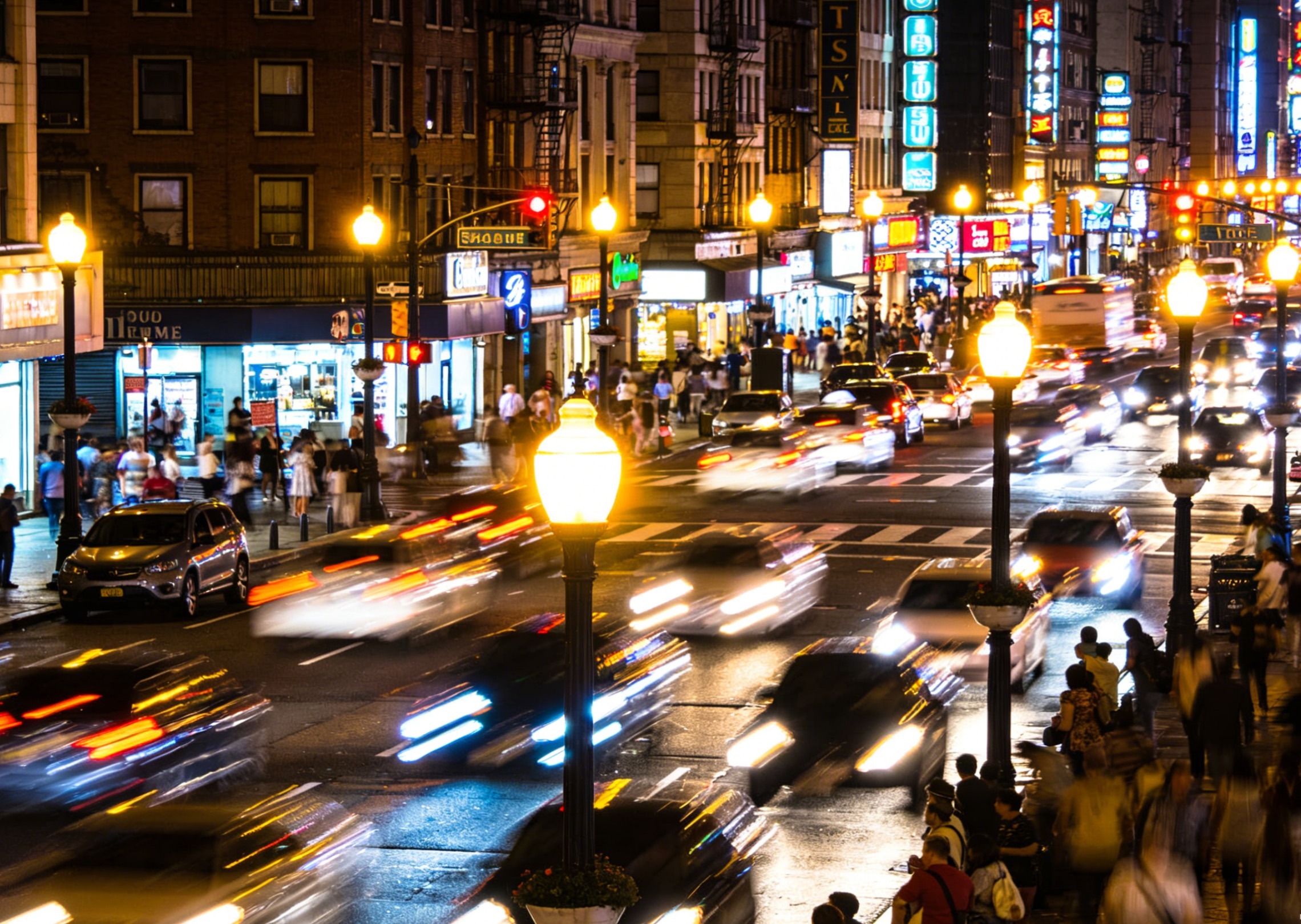 Generate a video showing a bustling city street with people walking and cars moving