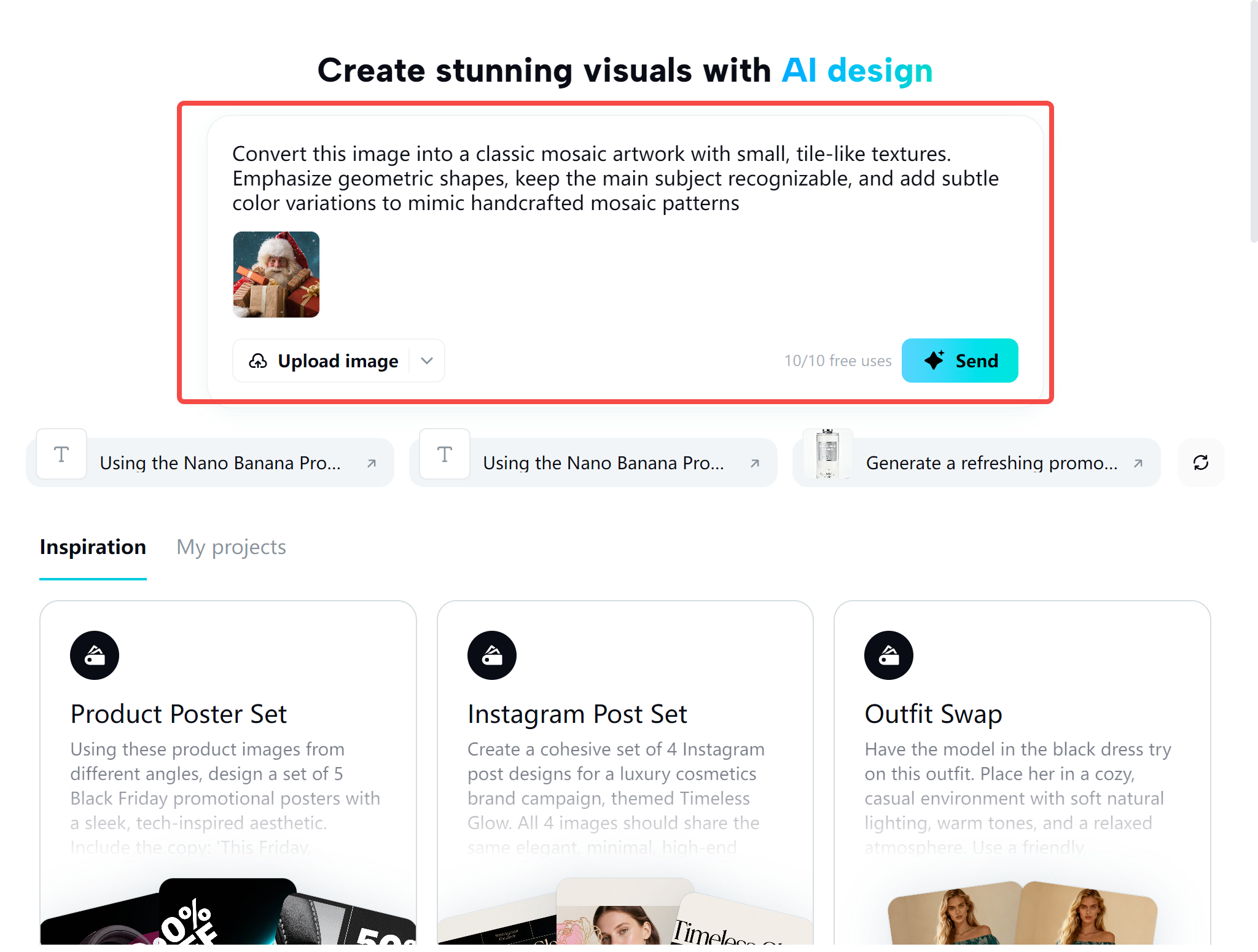 Uploading an image and writing a prompt in CapCut's AI design