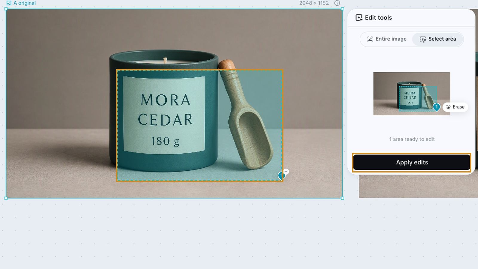 A rectangle covers the candle label, part of the jar, and the scoop; Erase is assigned and Apply edits is available.