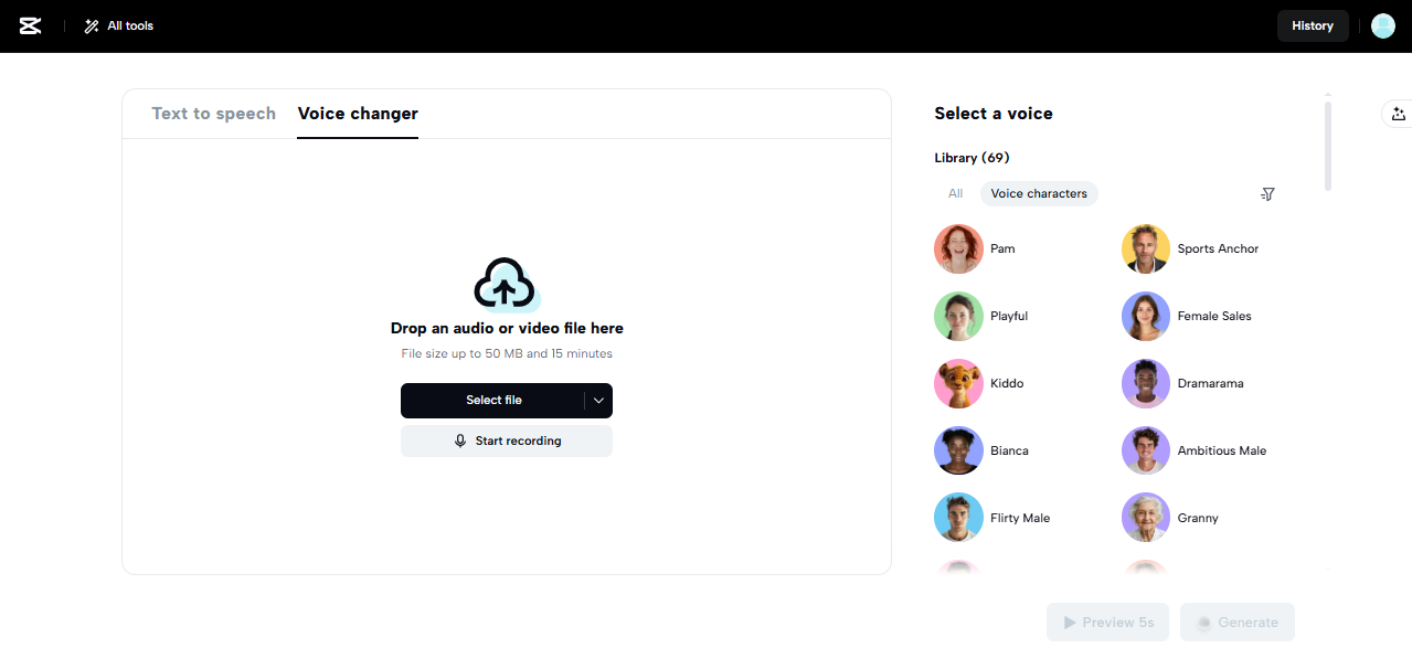 CapCut Web voice changer interface