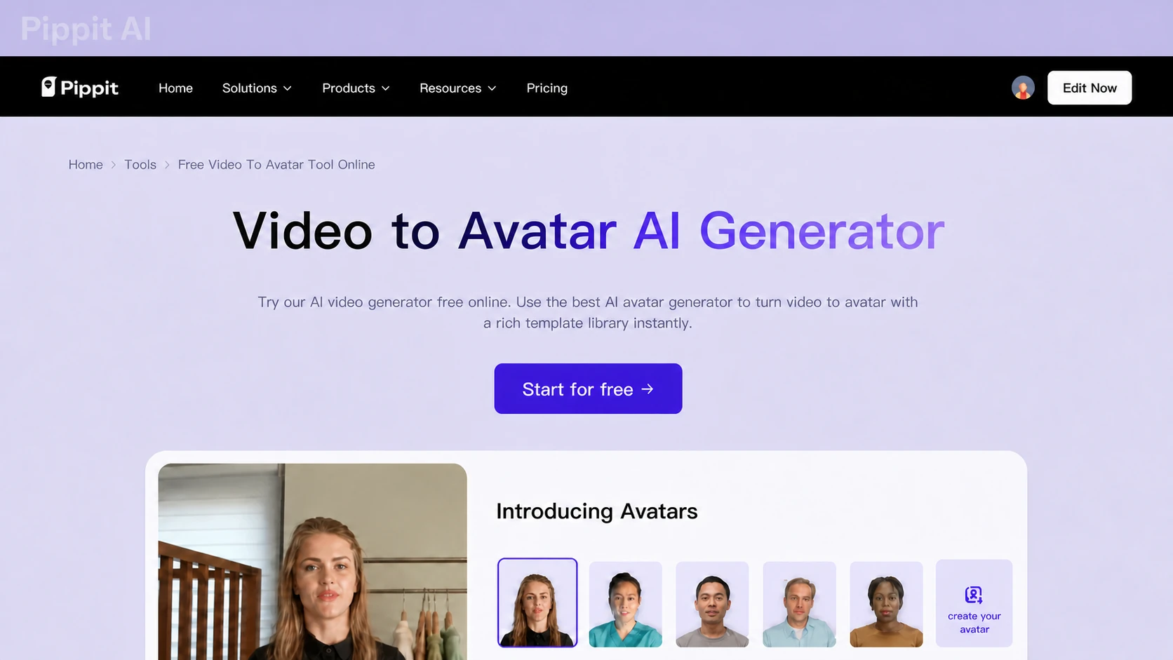 Pippit Video to Avatar page showing the video-input route and avatar examples