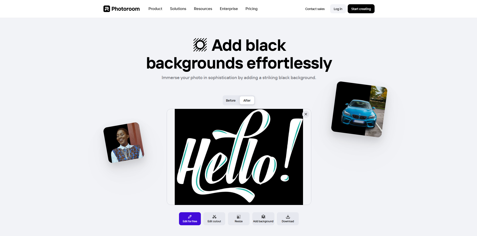 Interface of Photoroom - an innovative white text black background generator