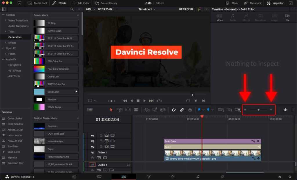 Showing how to zoom out timeline in DaVinci Resolve with a slider