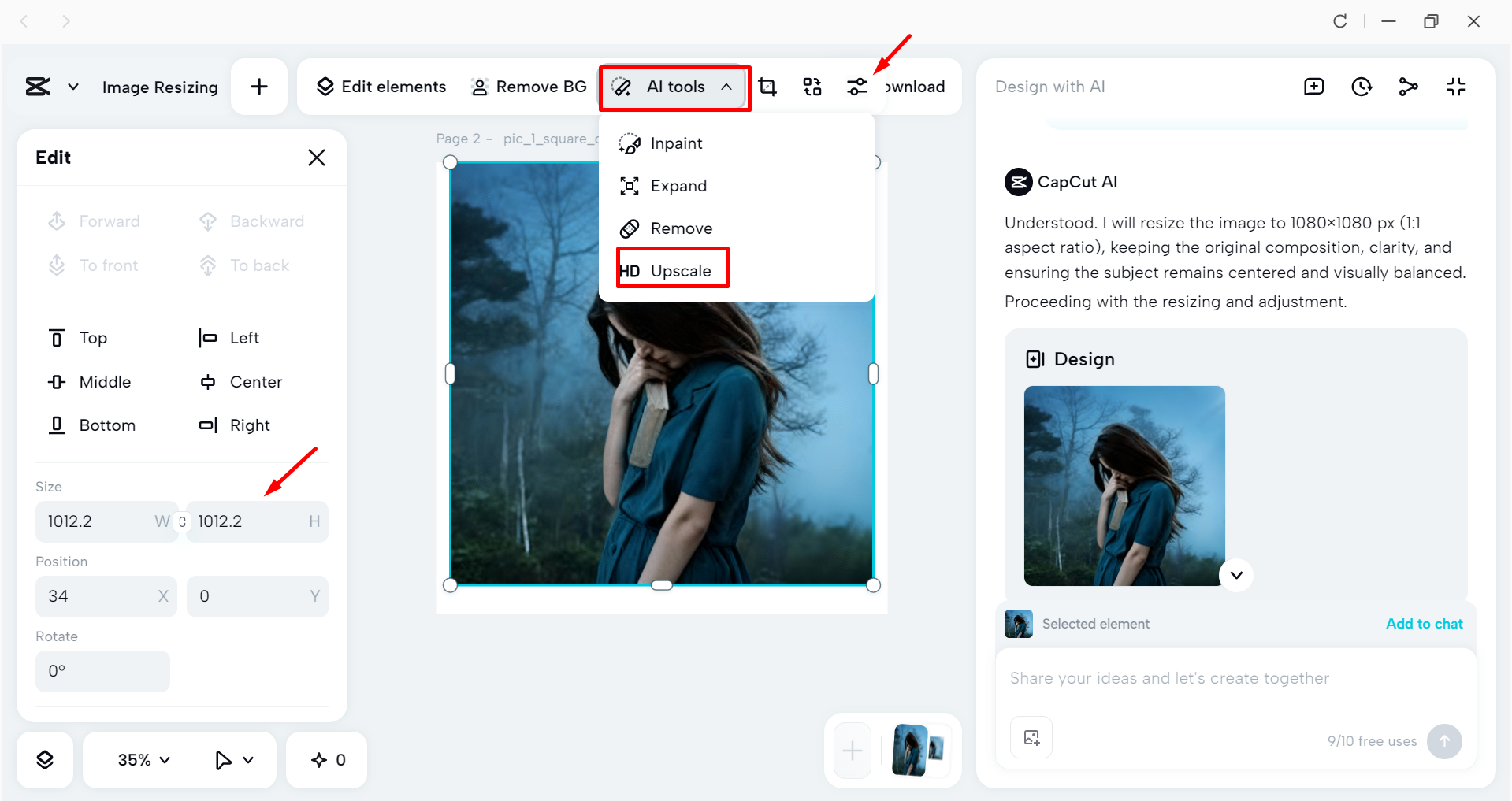 Using built-in tools to resize and upscale an image in the CapCut desktop video editor