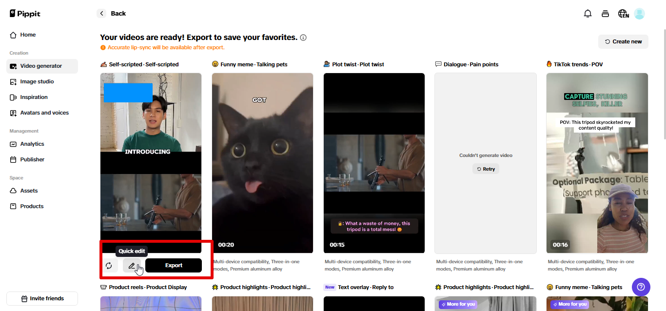 Exporting video from Pippit