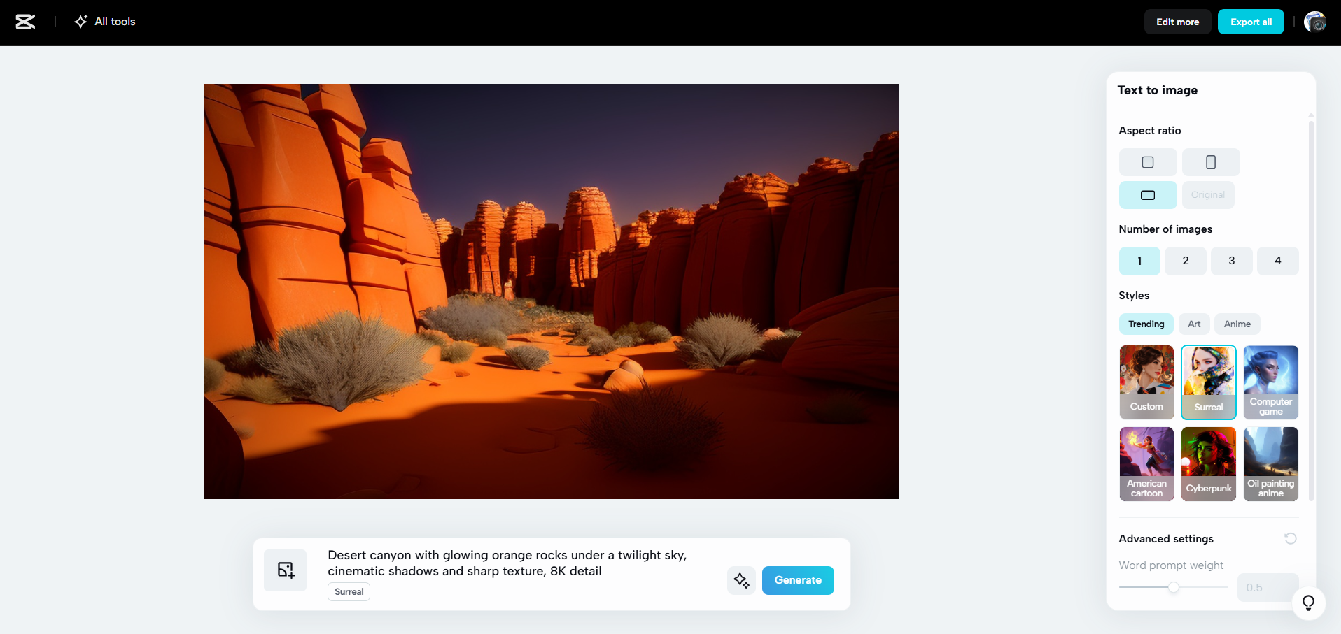 Interface van CapCut Web - een alternatief hulpmiddel om AI-afbeeldingen te genereren