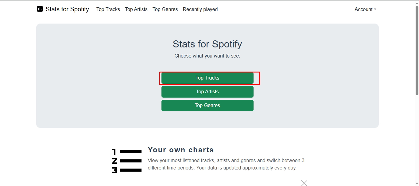 Imagem mostrando diferentes estatísticas para explorar no Spotify