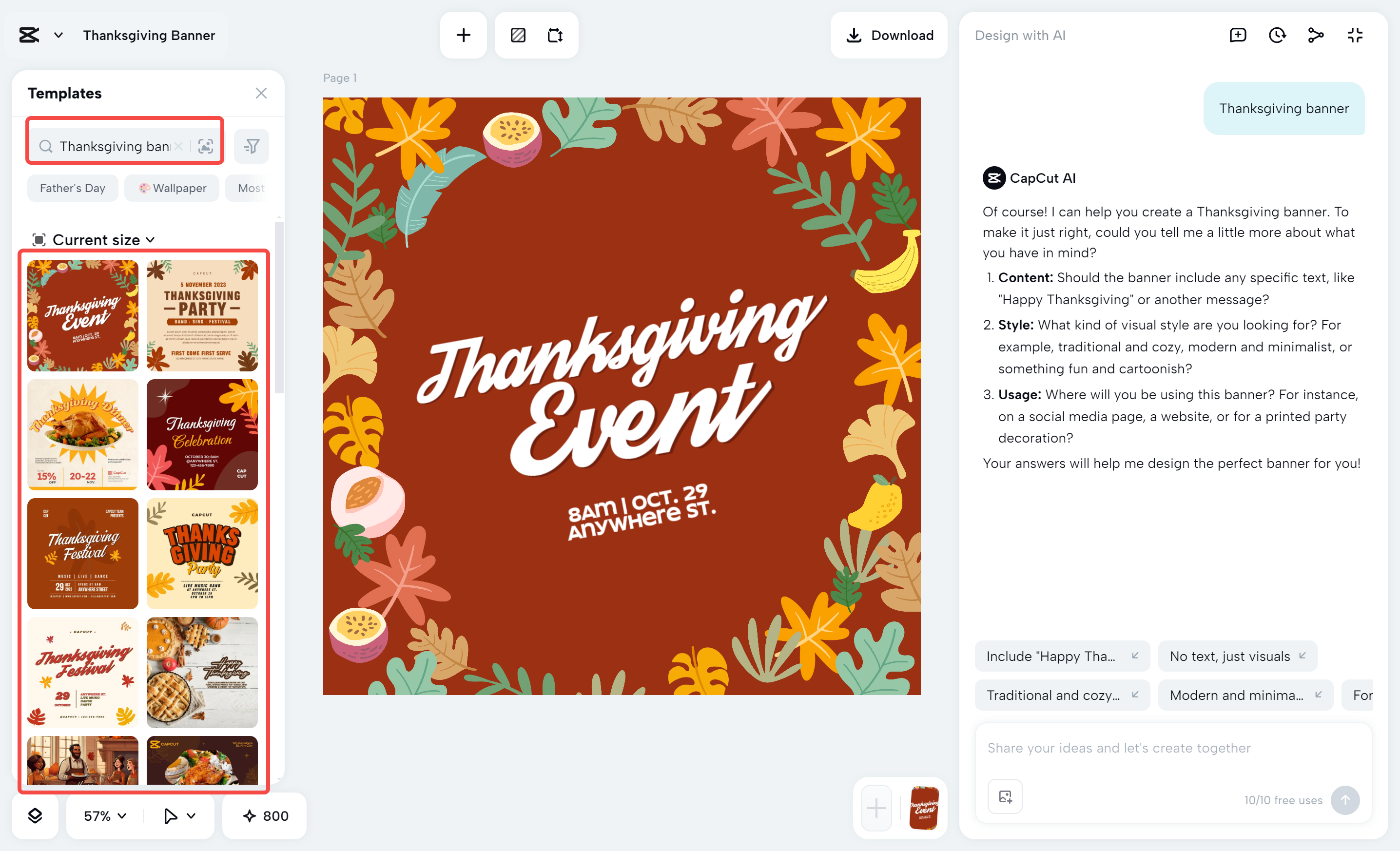 Searching for the Thanksgiving banner template in the CapCut desktop video editor