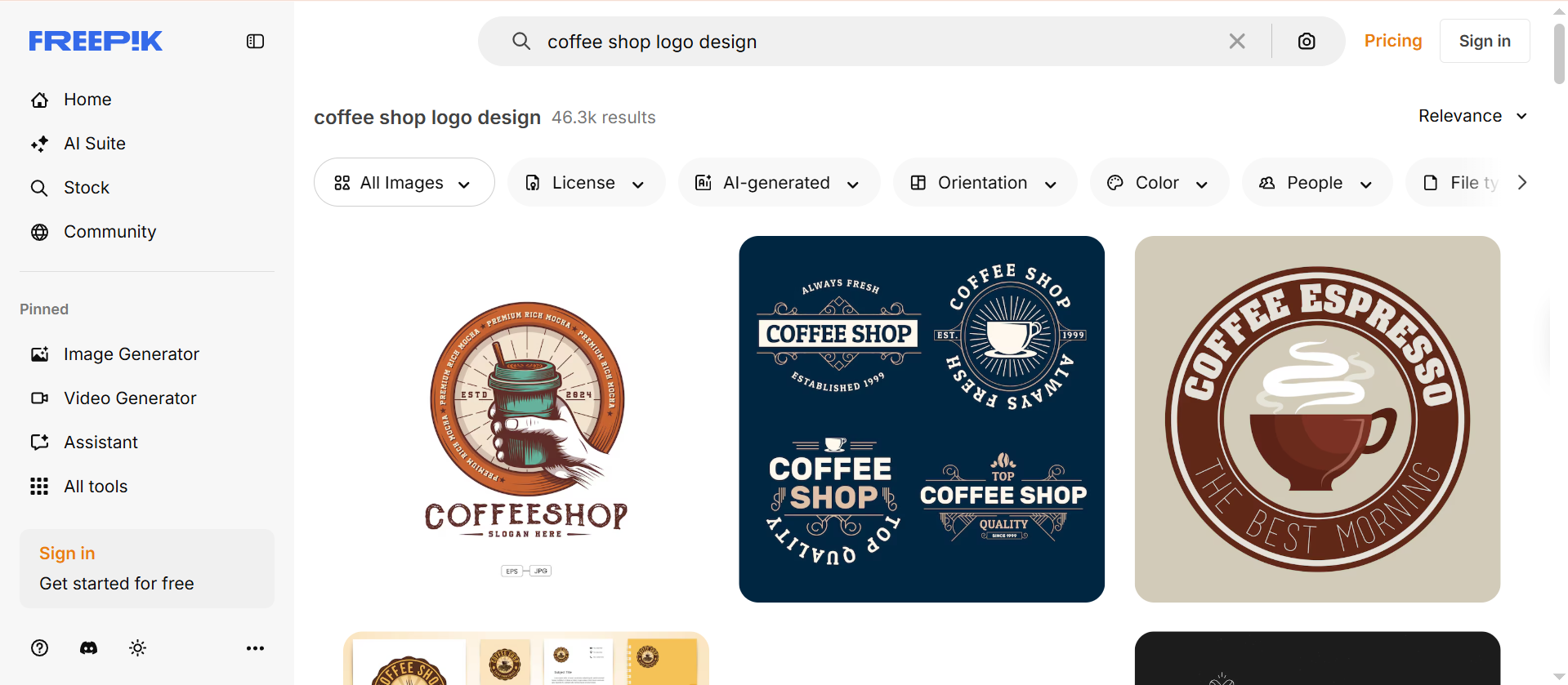 Interface of Freepik -  an effective website to get vintage coffee shop logo designs