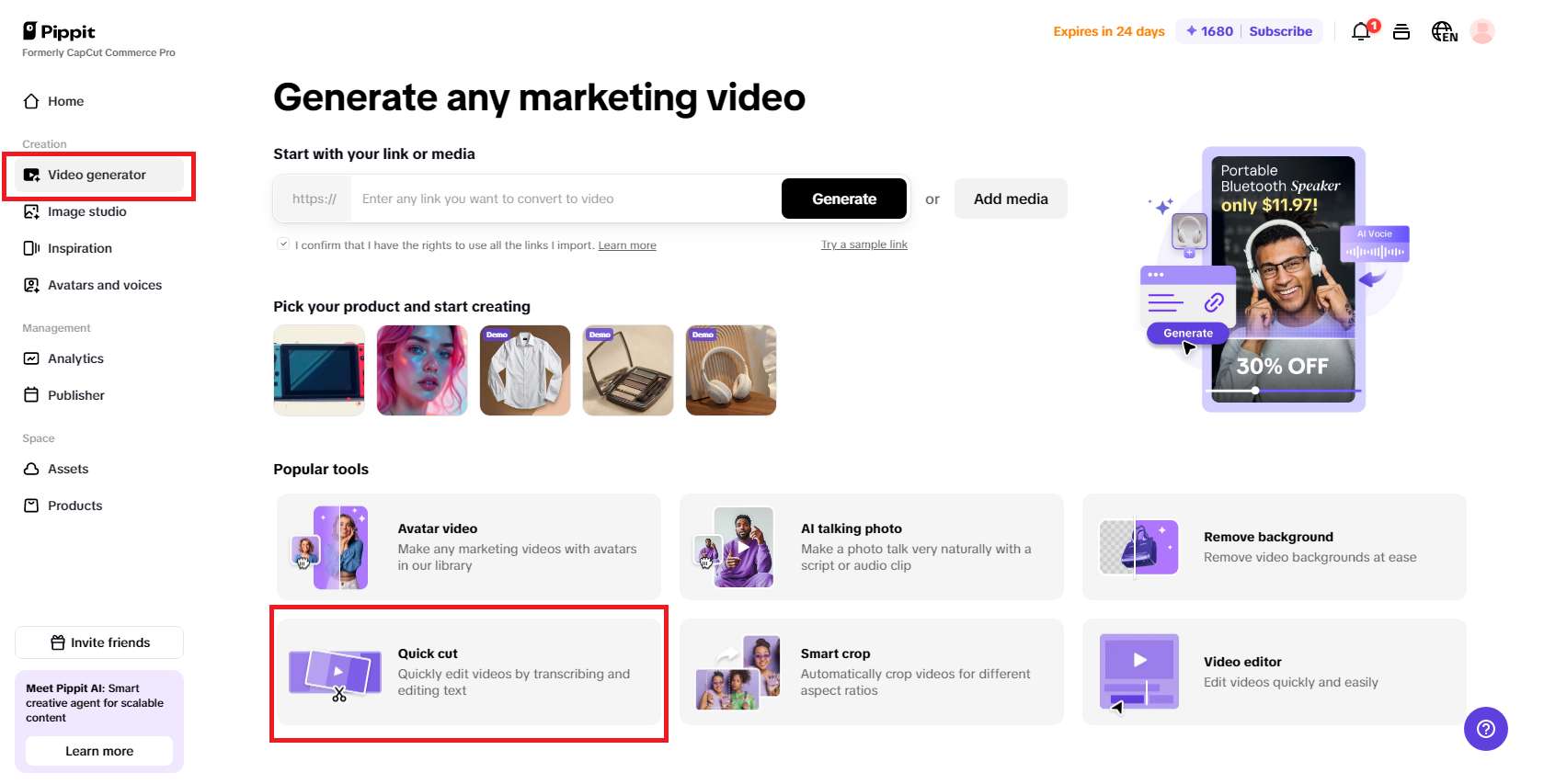 Access the Quick cut tool