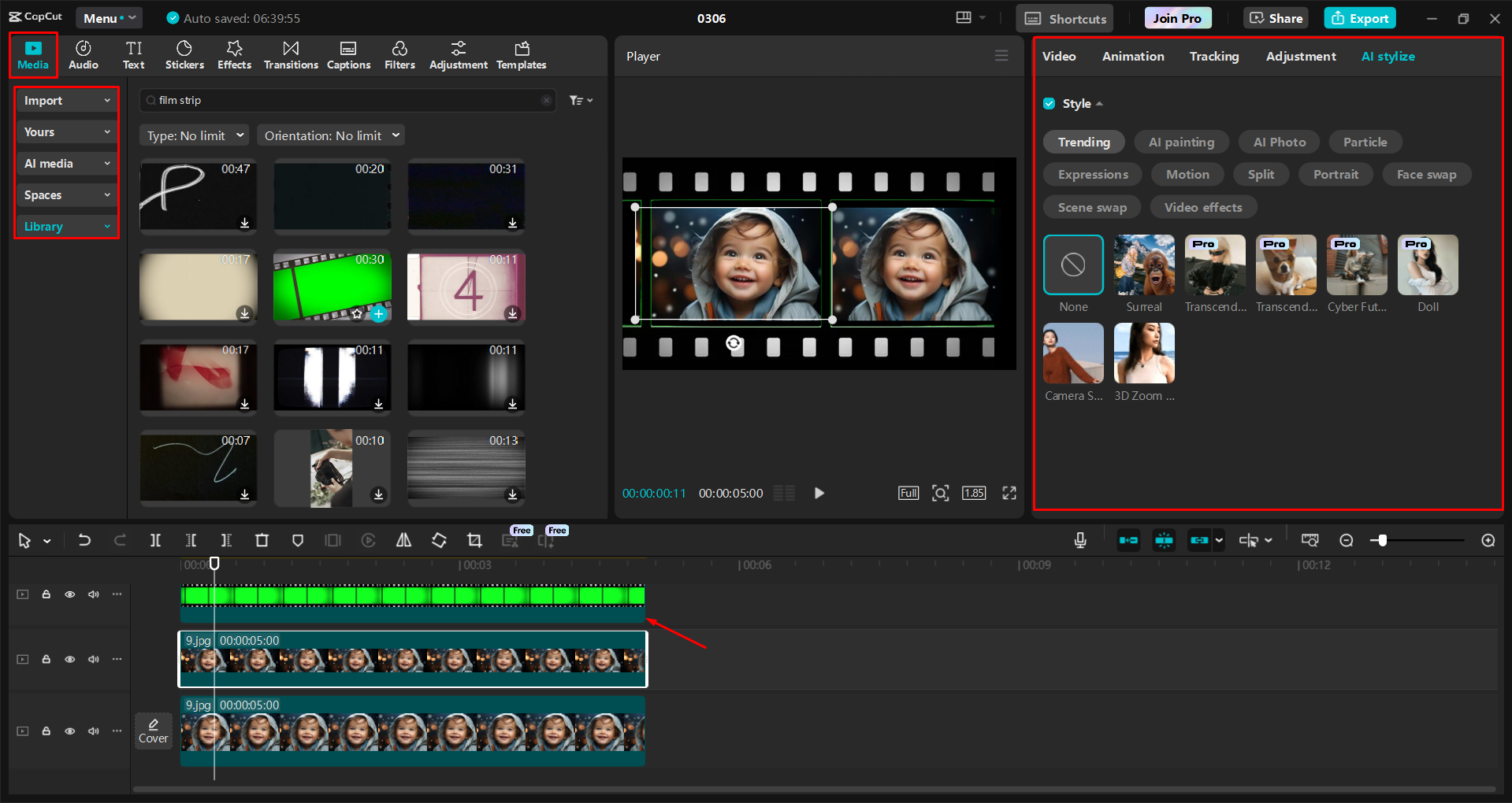 Enhancing a video with a film strip overlay in the CapCut desktop video editor