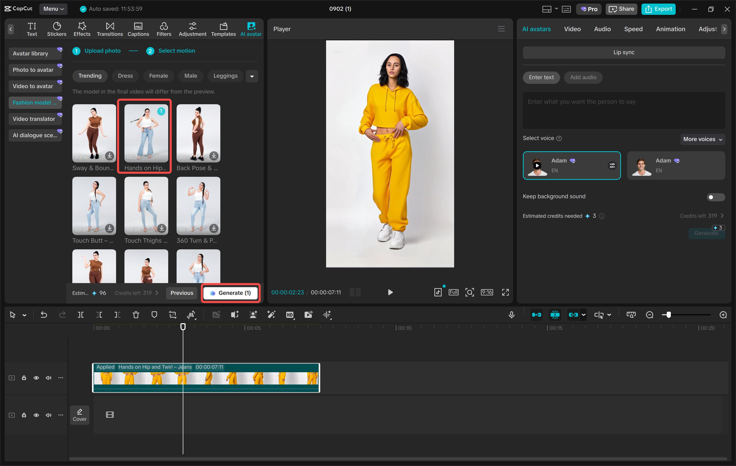 Generating the model wearing your dress in the CapCut desktop video editor