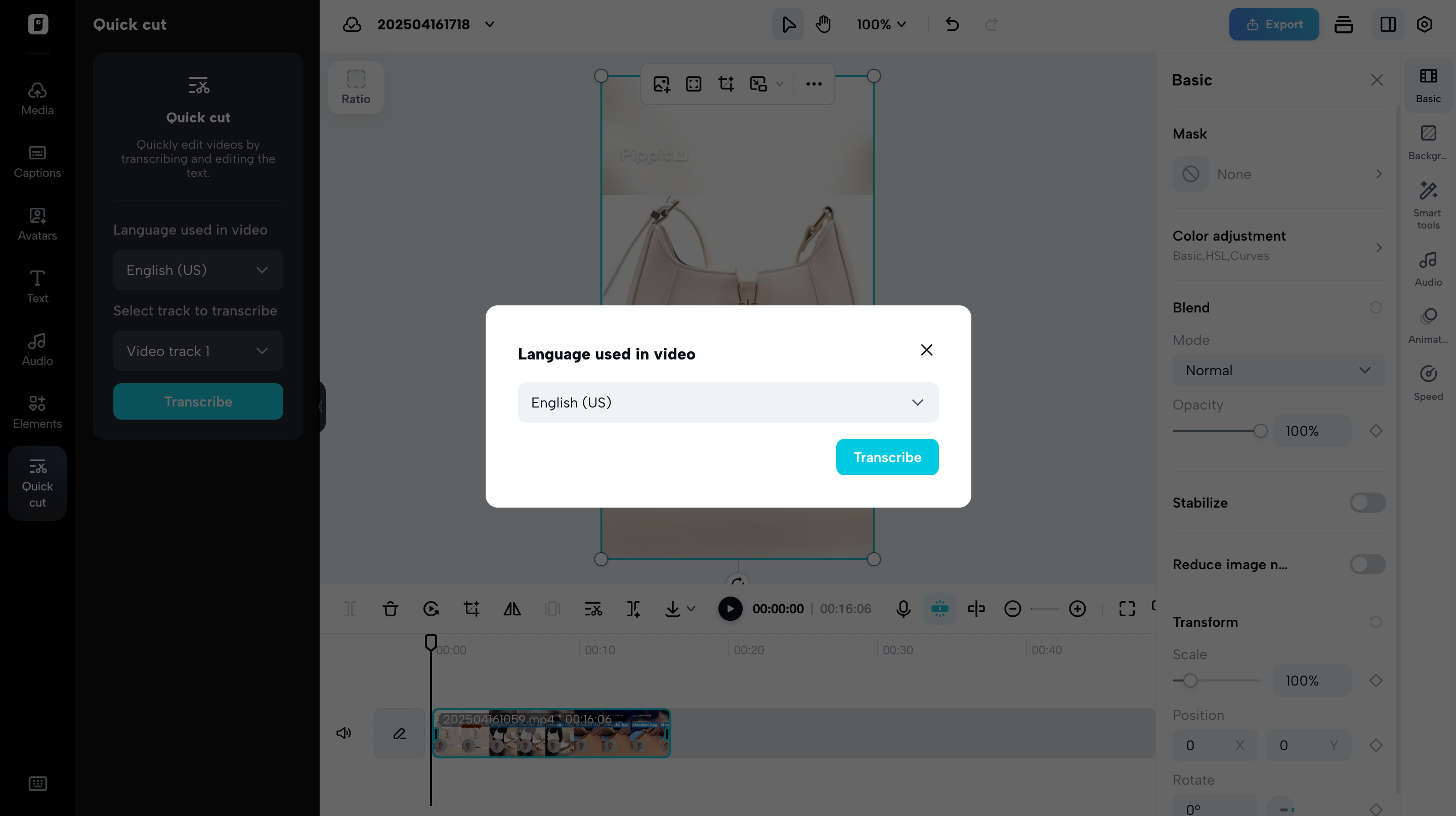 Quick video transcription using Pippit