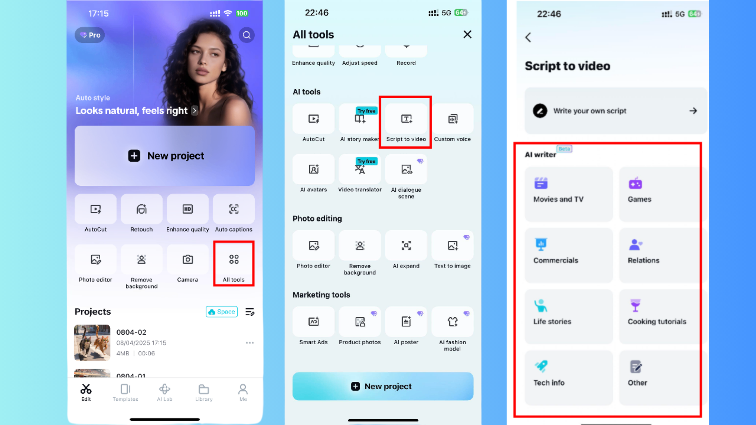 Access CapCut App's AI writer
