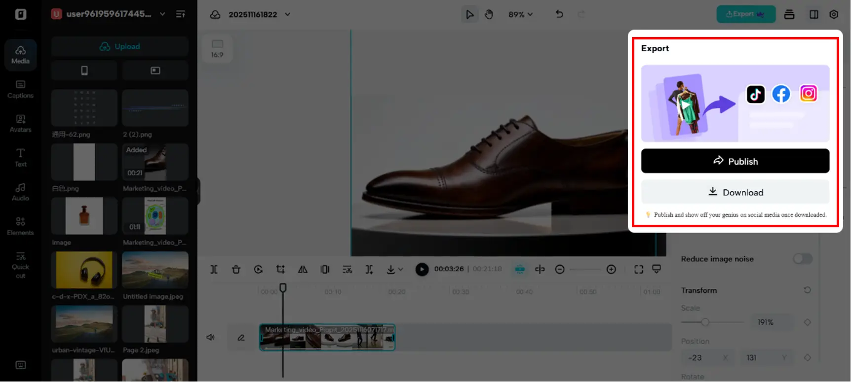 Esporta o pubblica il tuo video zoomato