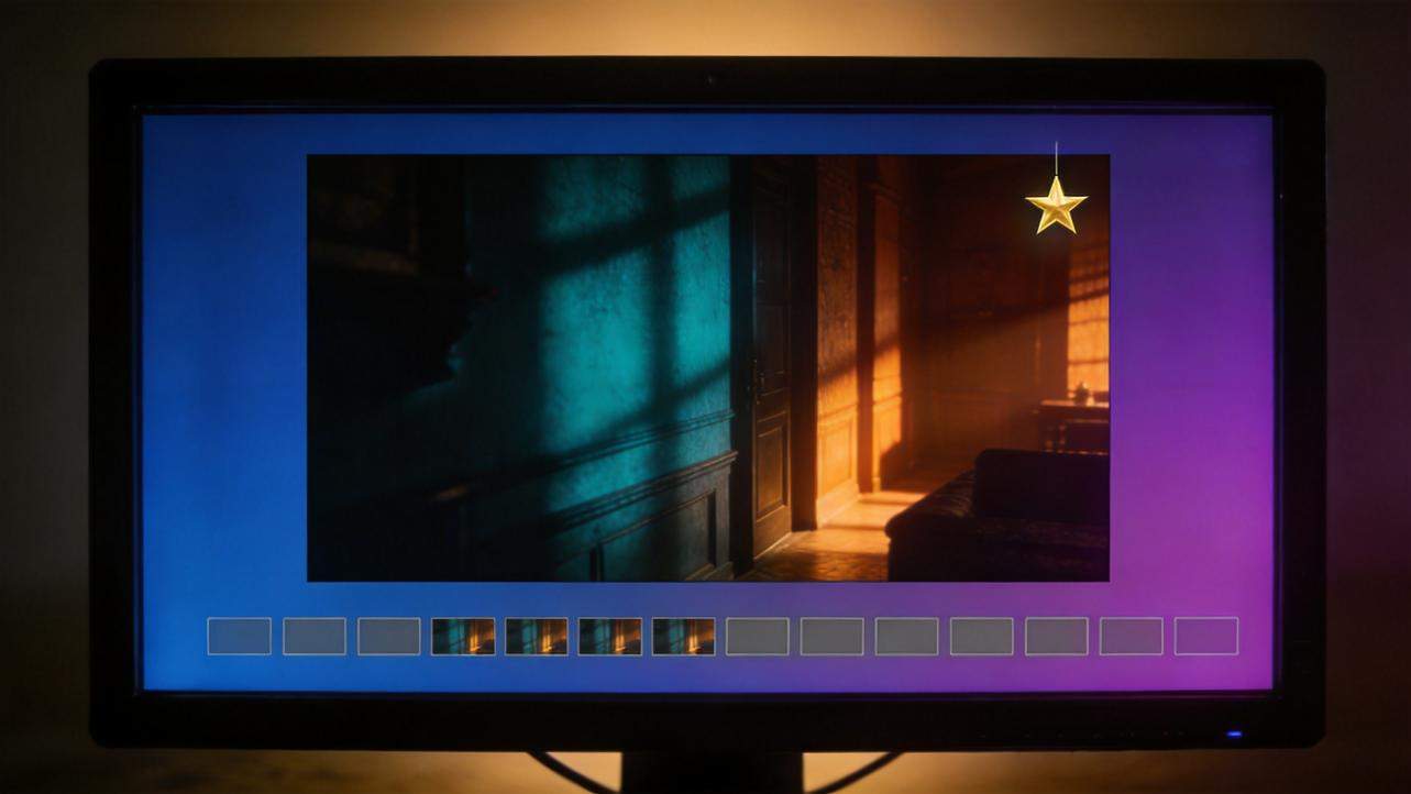 Video editor with a teal-and-orange clip preview and color swatches below