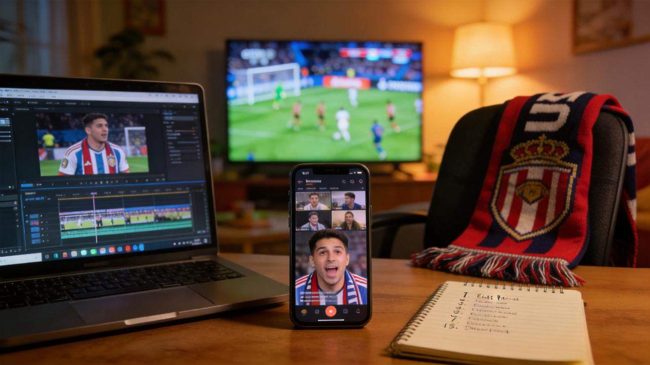 Laptop editing a soccer highlight, with a phone showing the player and a TV match in the background