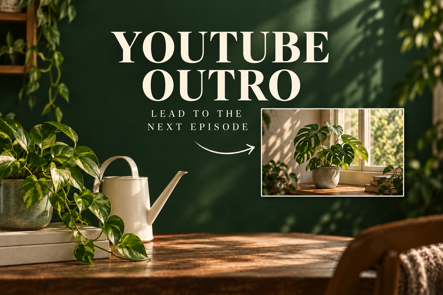 YouTube Outro title above a plant scene with an arrow pointing toward a next-episode thumbnail