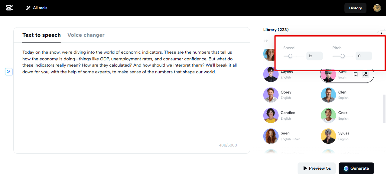CapCut Web TTS speed and pitch