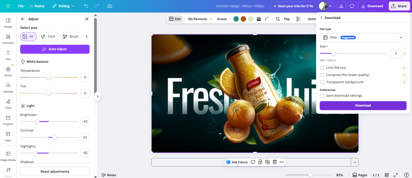 Fine-tuning and downloading the photo in Canva
