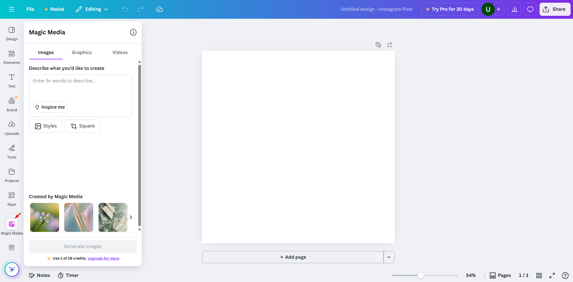 Accessing the text to image tool in Canva