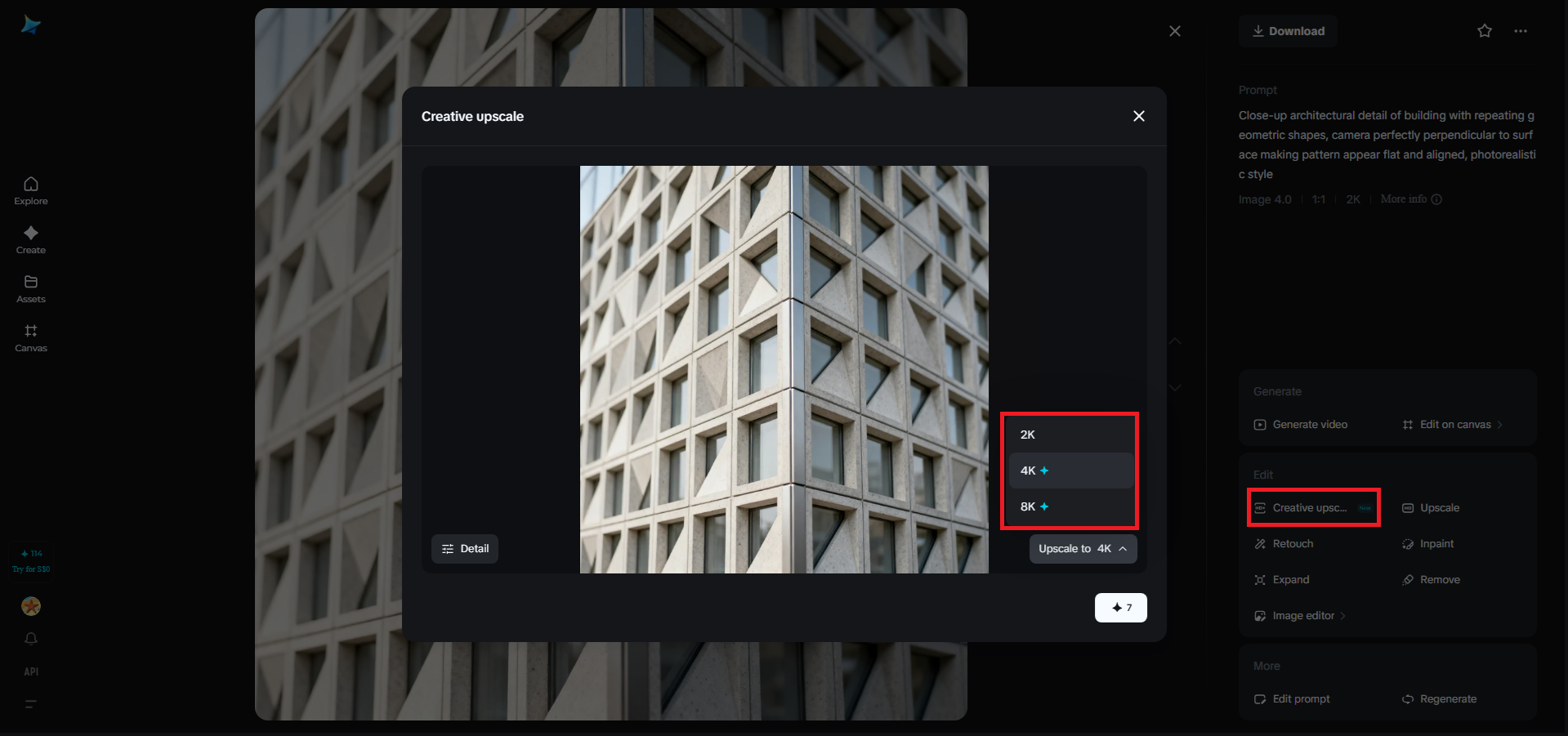 Creative upscale feature in Dreamina