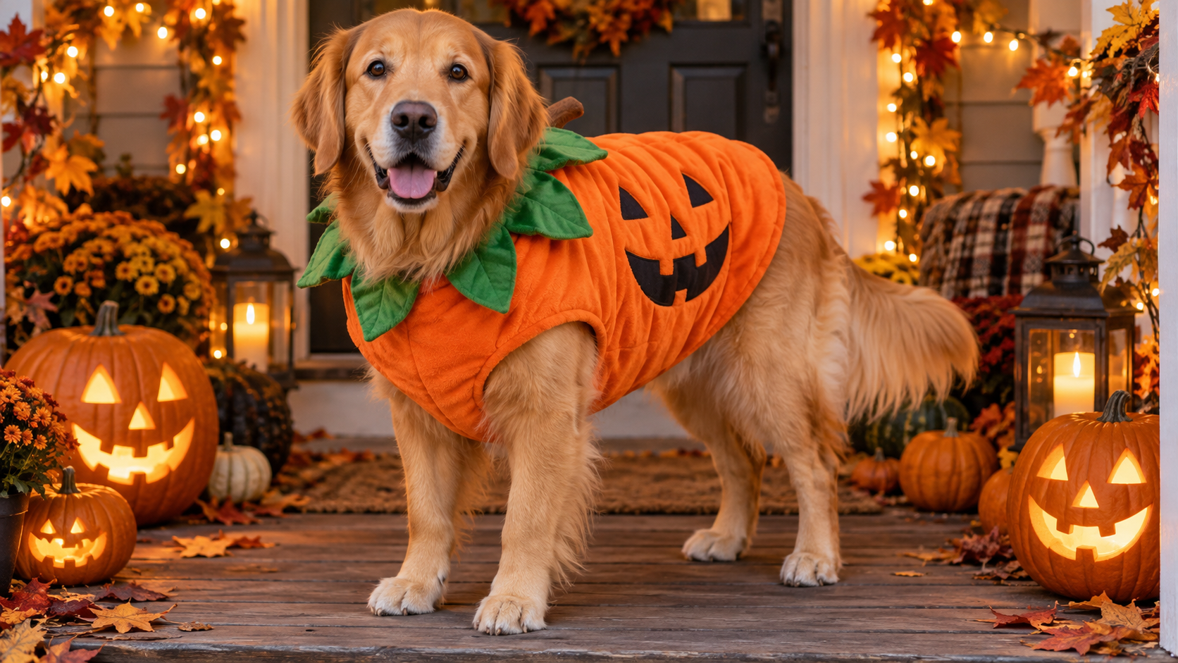 AI pet Halloween costume hero: Pumpkin Dog on an Autumn Porch