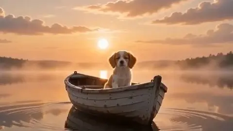 Dog sitting in a small boat on calm water at sunset with cloud reflections
