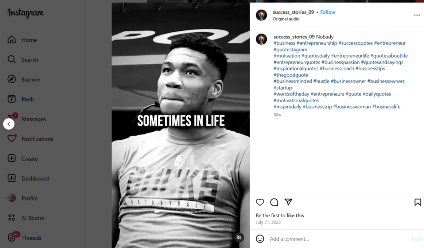 Motivation and success stories video reels on Instagram