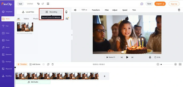 Interface of FlexClip - an easy to use free online recorder