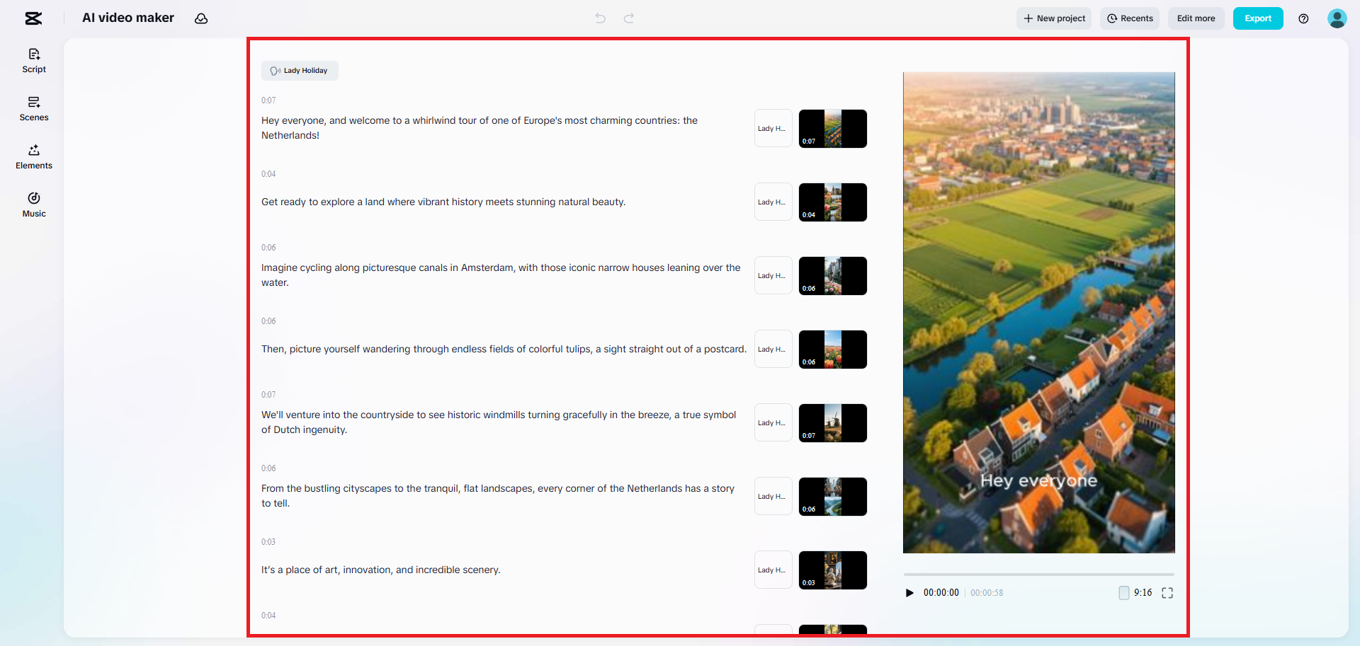 CapCut Web will generate script along with matching media
