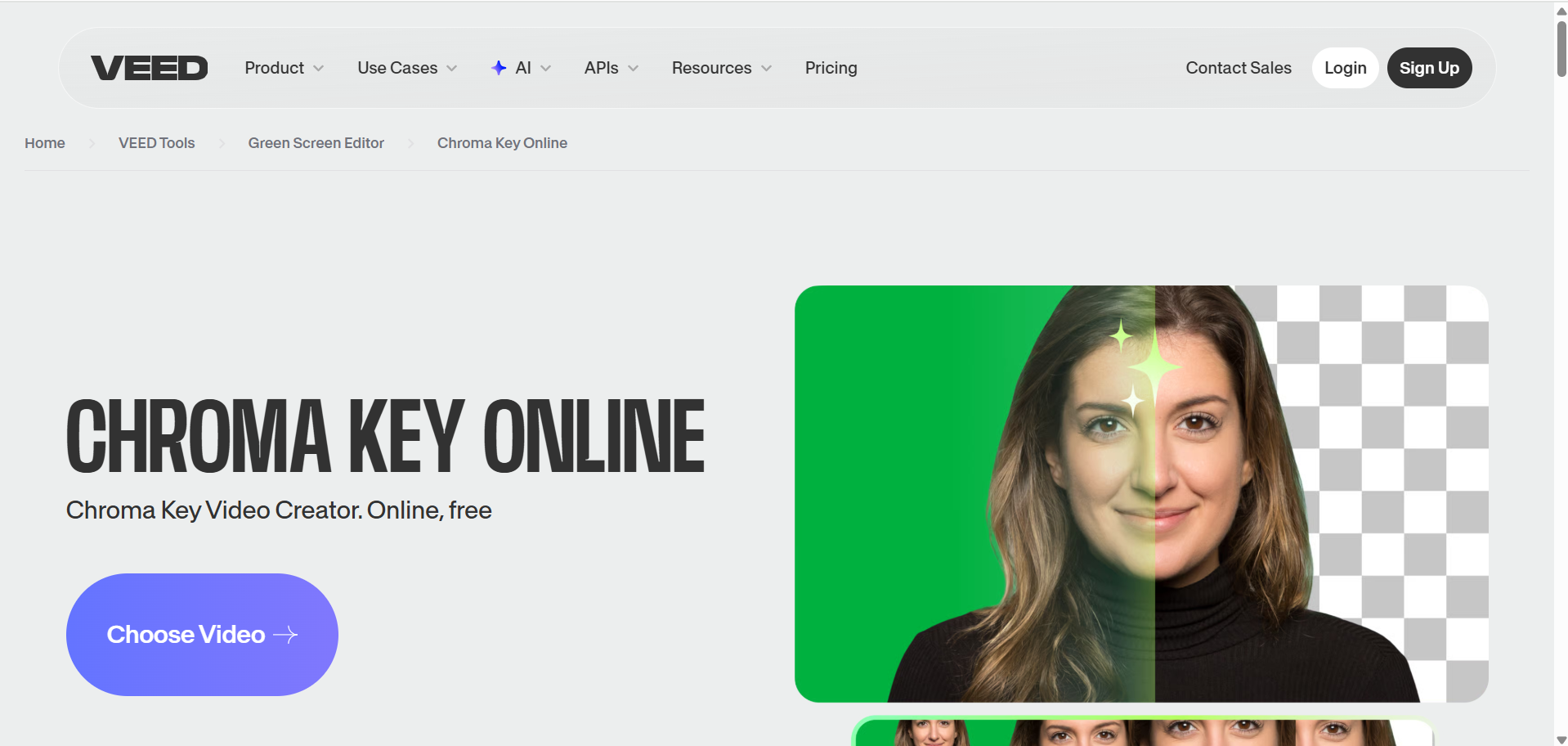Interface showing Veed.io chrome key video editor