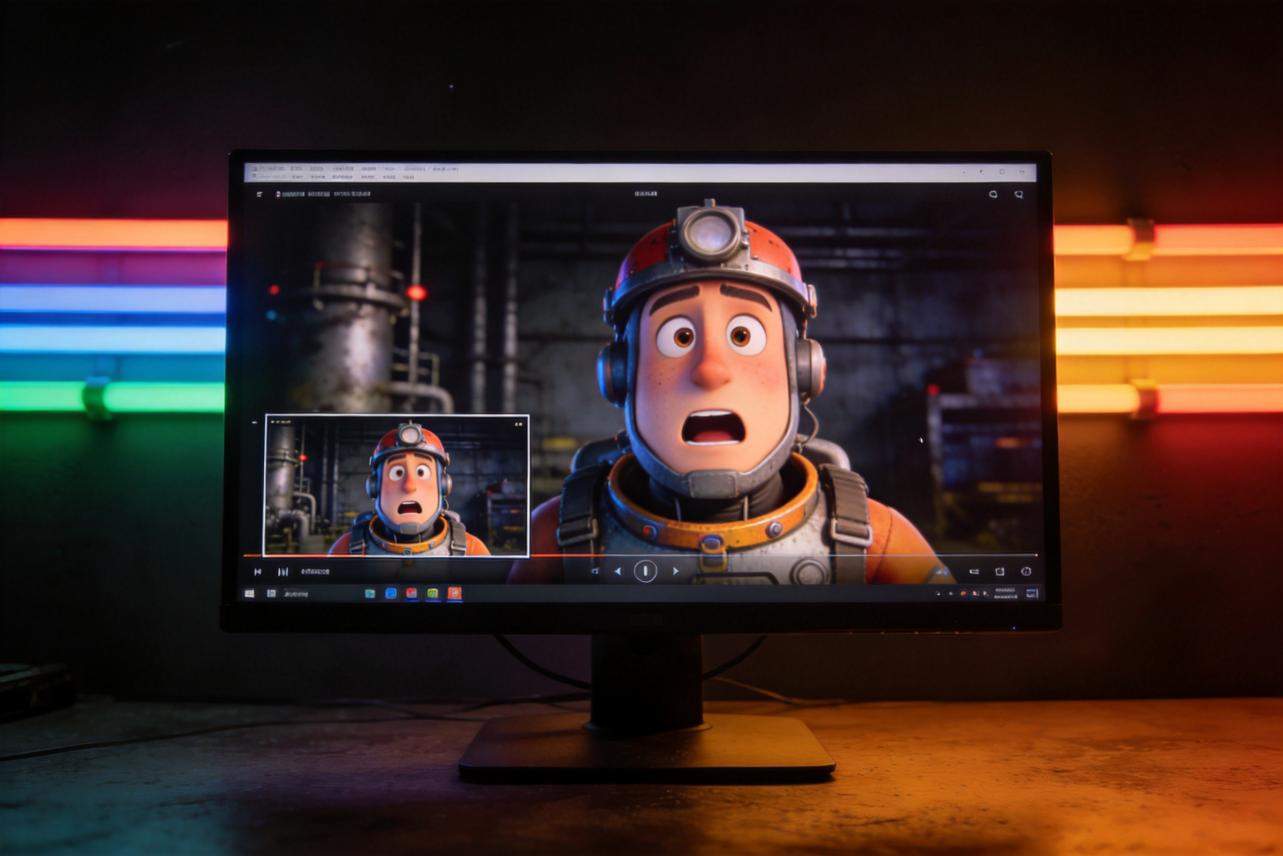 Monitor showing a video with a small picture-in-picture inset of the same character