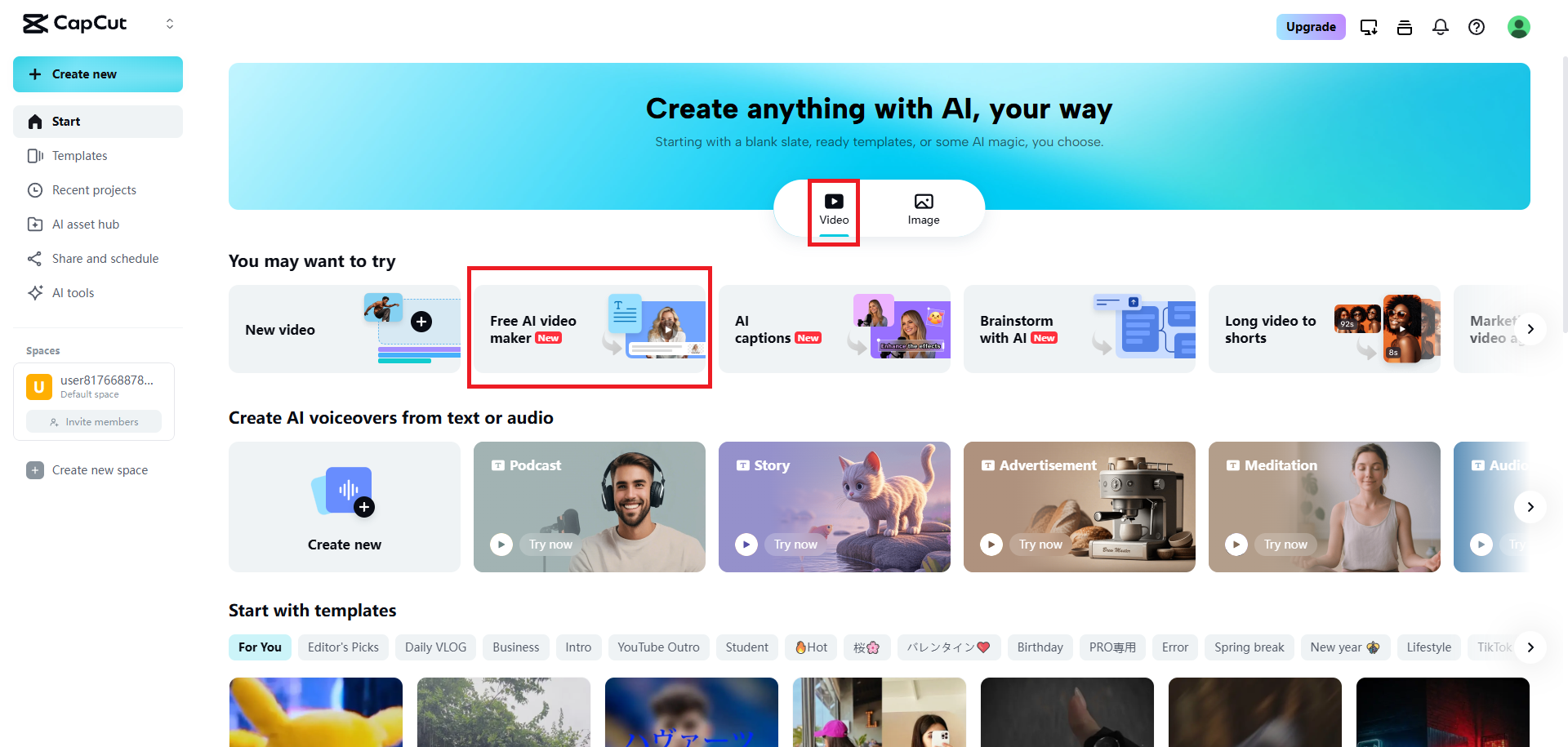 Access the AI video maker feature