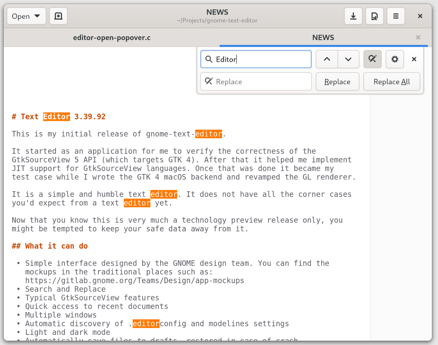 GNOME Text Editor displays a document with its Find and Replace panel open above the text.