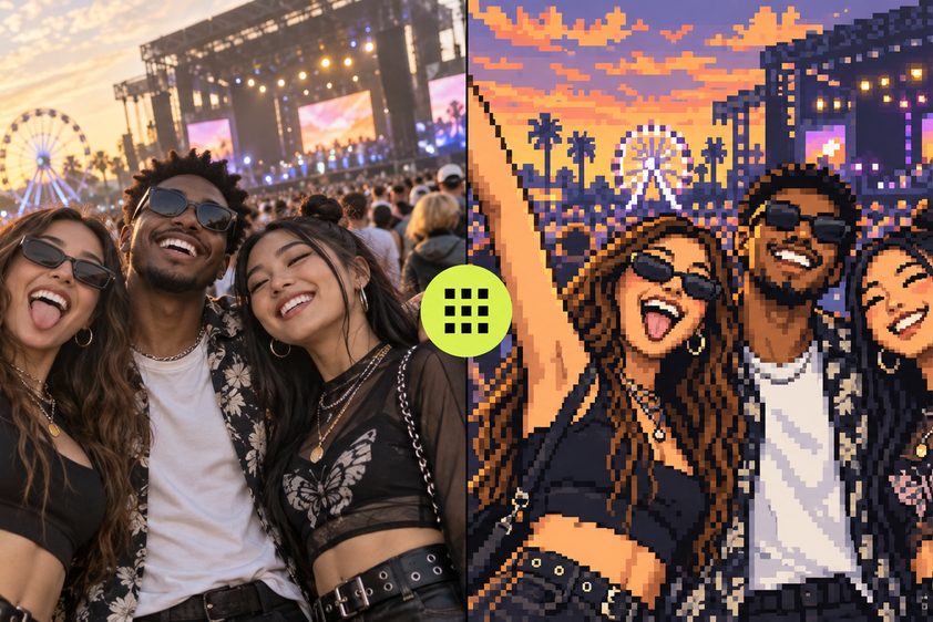 Pixel-art benefit showing a lively group memory with recognizable subjects