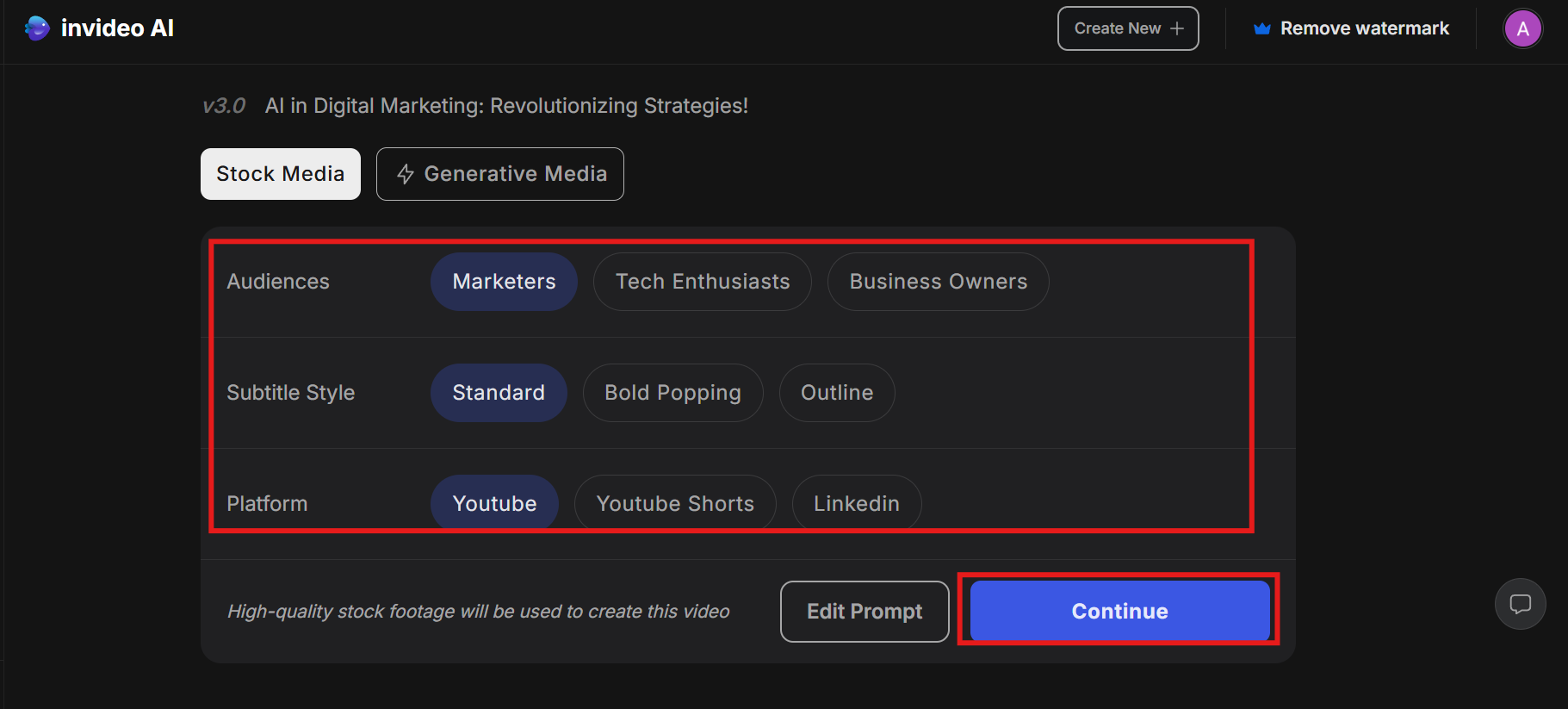 Select preferences and generate video
