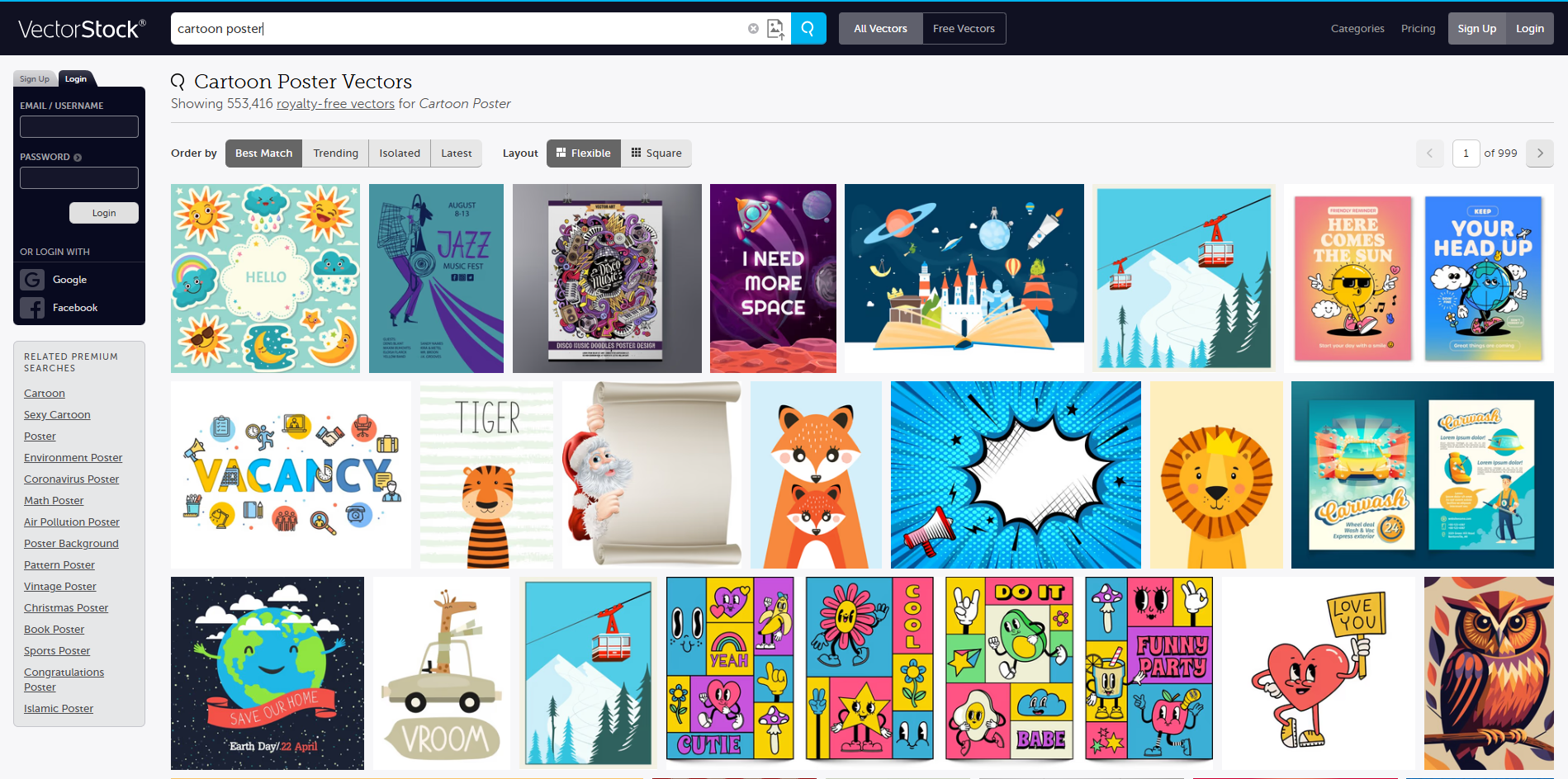 Interface of VectorStock - the most liked place to find cartoon posters