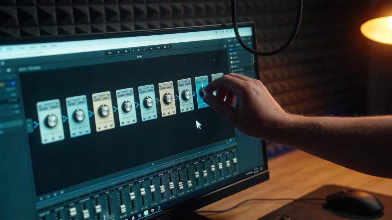 Hand adjusting audio effect knobs on a desktop editing screen