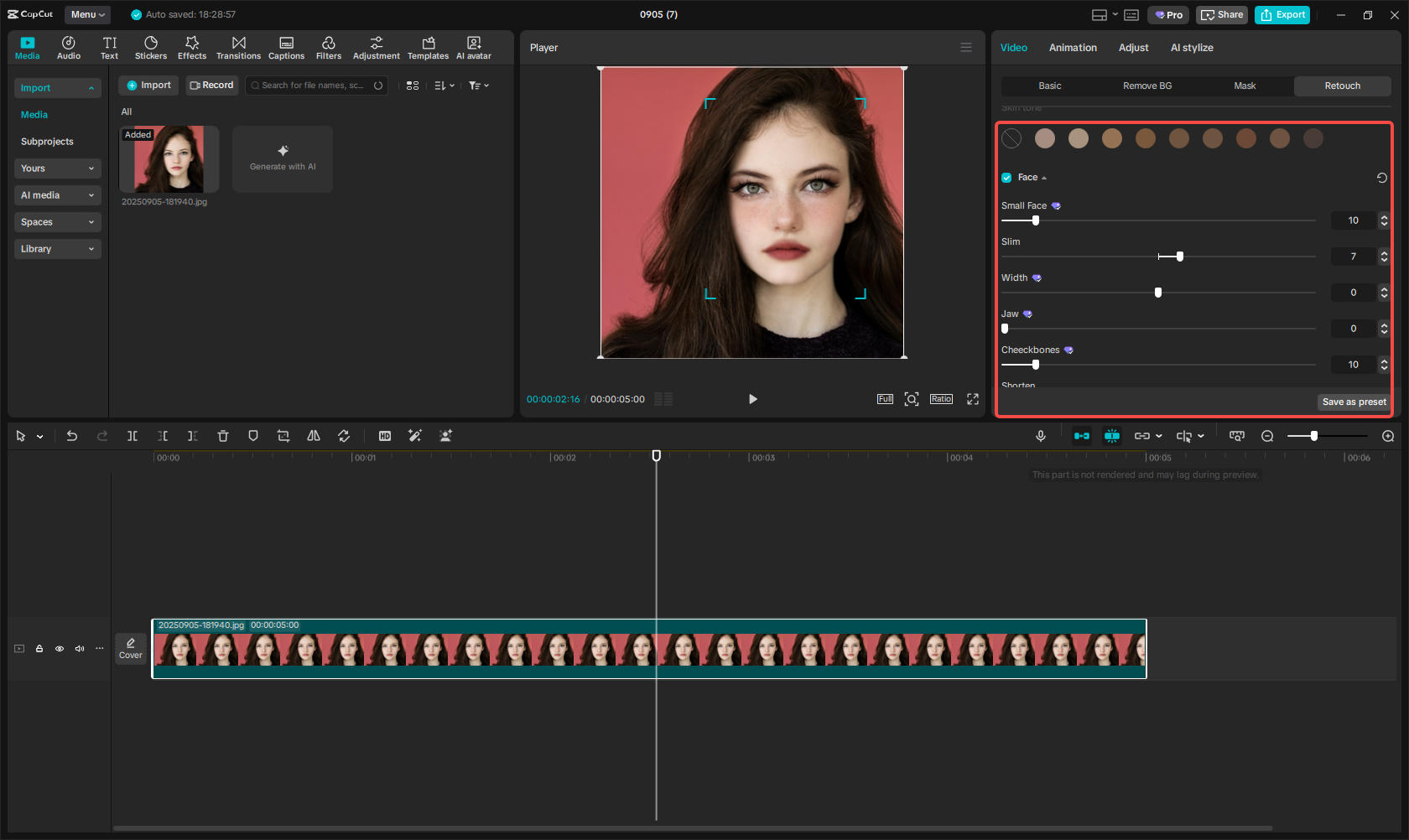Ritocco del viso in CapCut