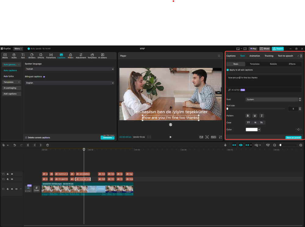 Editing the generated subtitles in CapCut