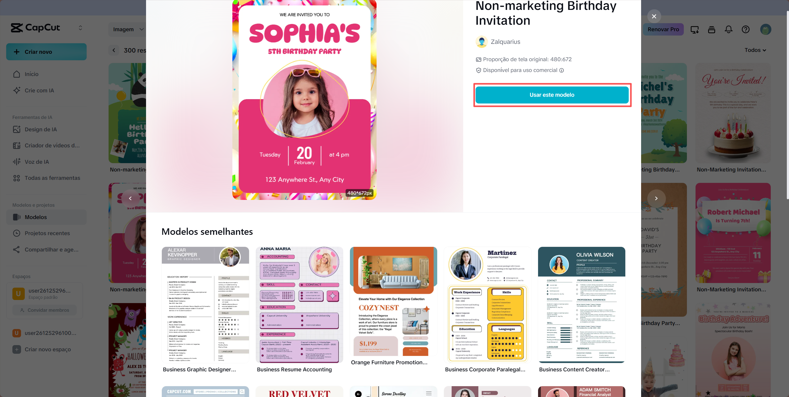 usar o modelo para criar convite de aniversário rapidamente