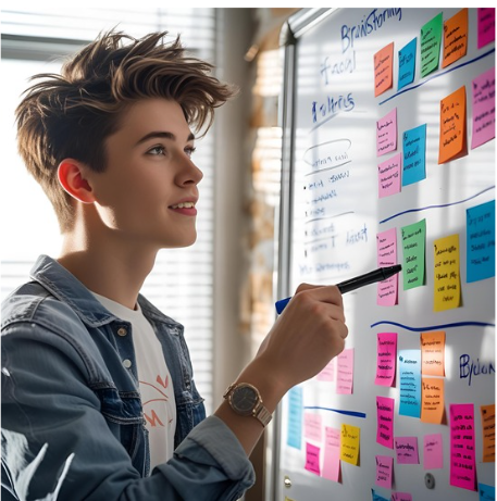 Vlogger selecting a niche topic on a whiteboard