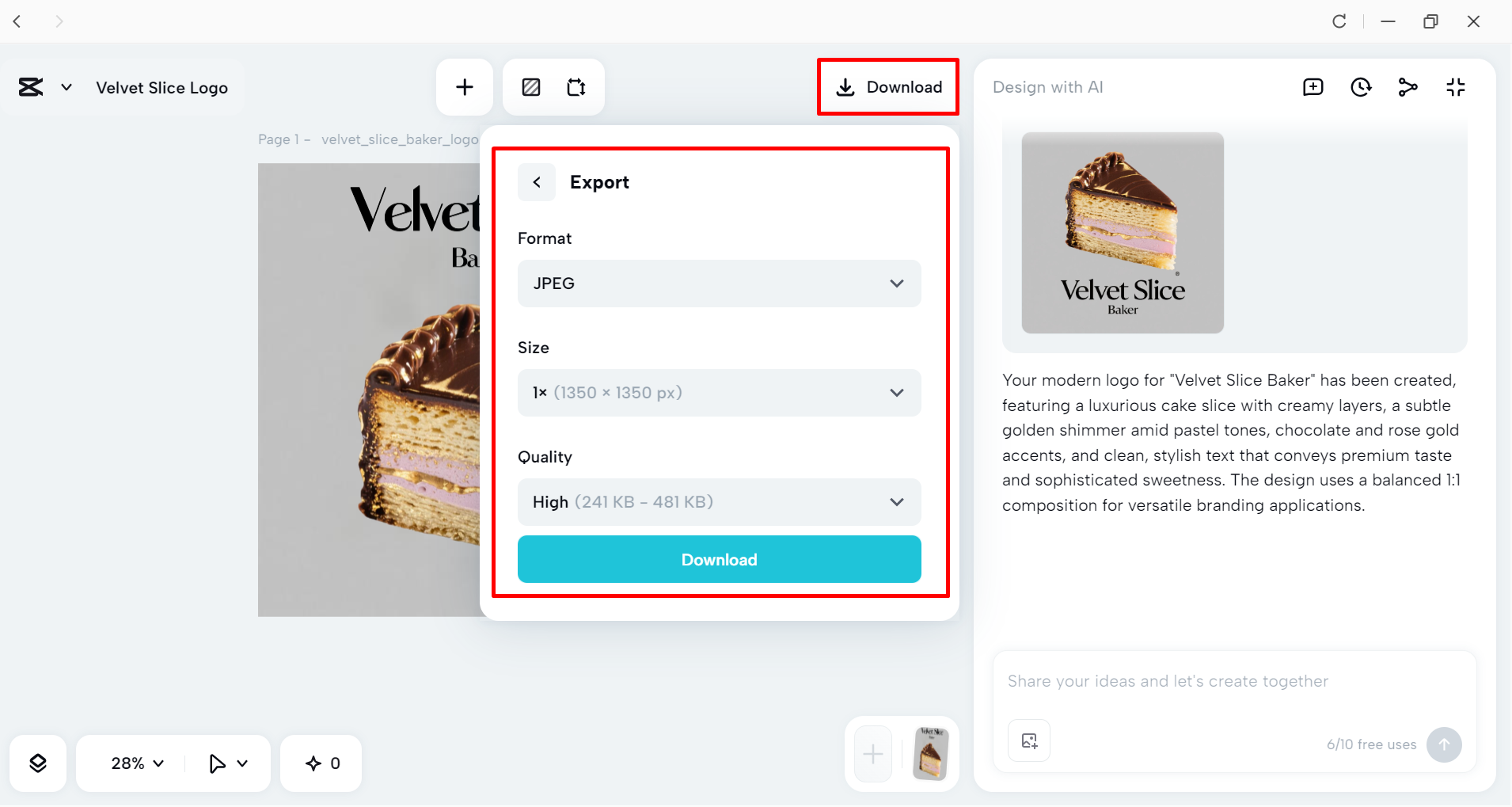 Downloading the free cake logo design from the CapCut desktop video editor