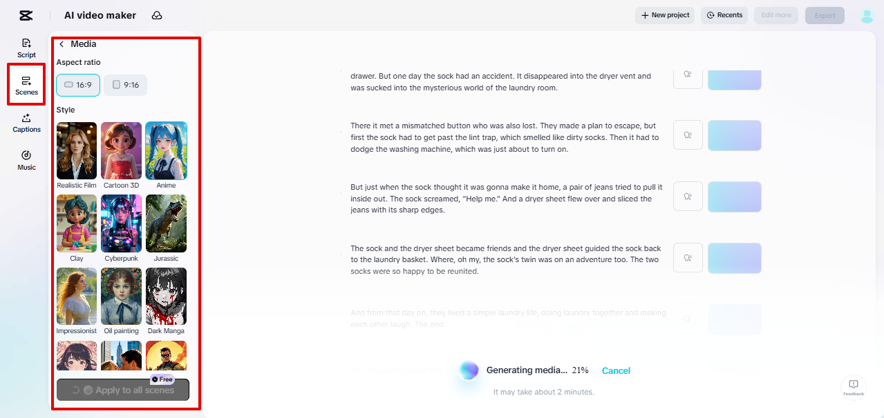 เลือกสไตล์มีเดียใน CapCut Web