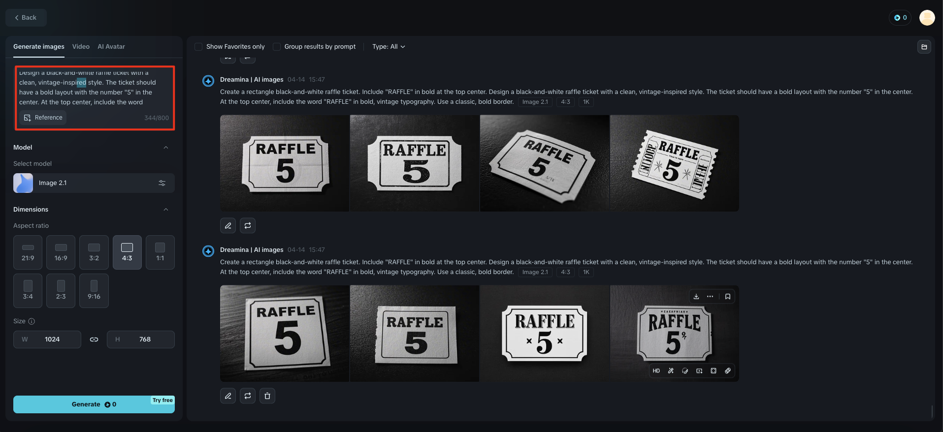 Dreamina: raffle ticket creator prompt