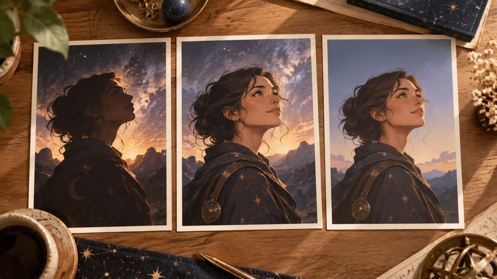 Three physical proof cards of one fictional adult stargazer portrait changing silhouette expression and background